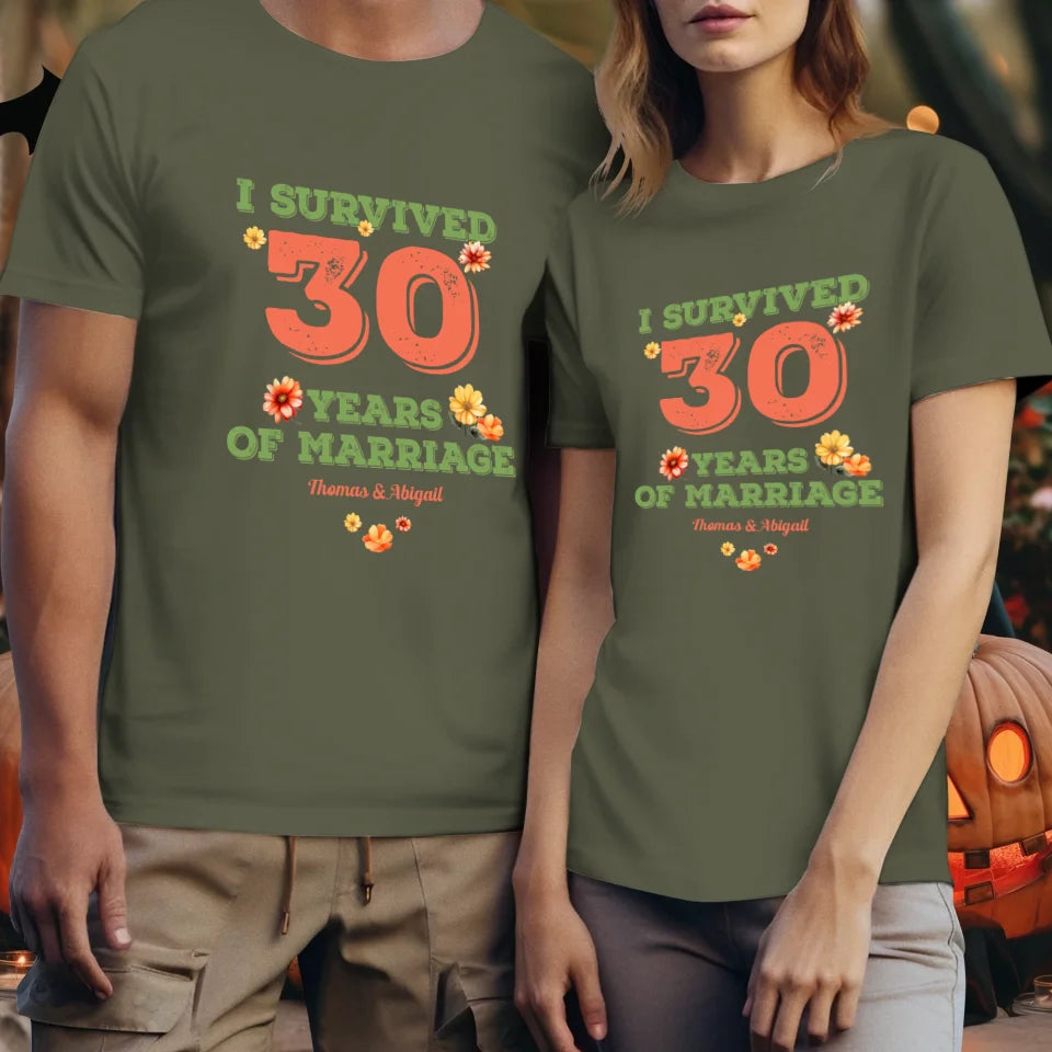 I Survived Years Of Marriage Retro Flowers - Personalized Gifts For Couples - Unisex T-Shirt