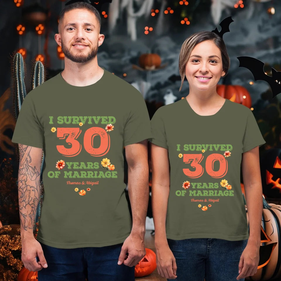 I Survived Years Of Marriage Retro Flowers - Personalized Gifts For Couples - Unisex T-Shirt