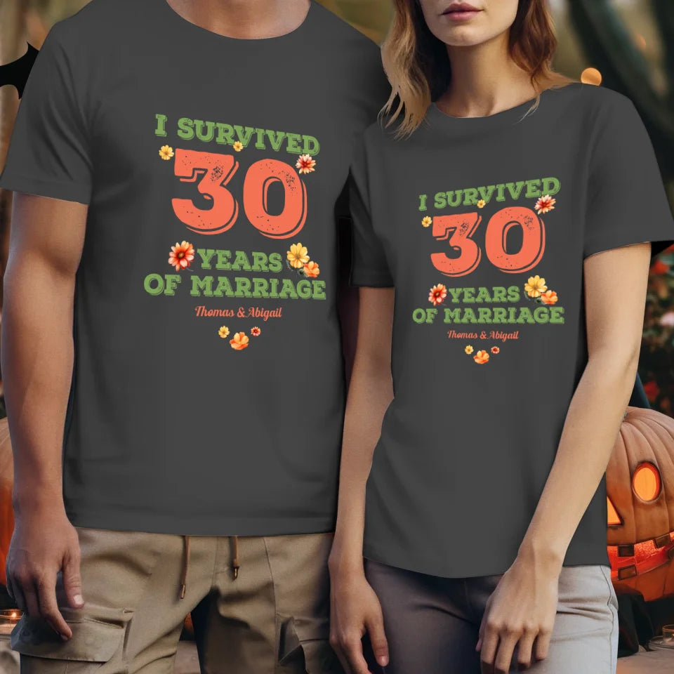 I Survived Years Of Marriage Retro Flowers - Personalized Gifts For Couples - Unisex T-Shirt