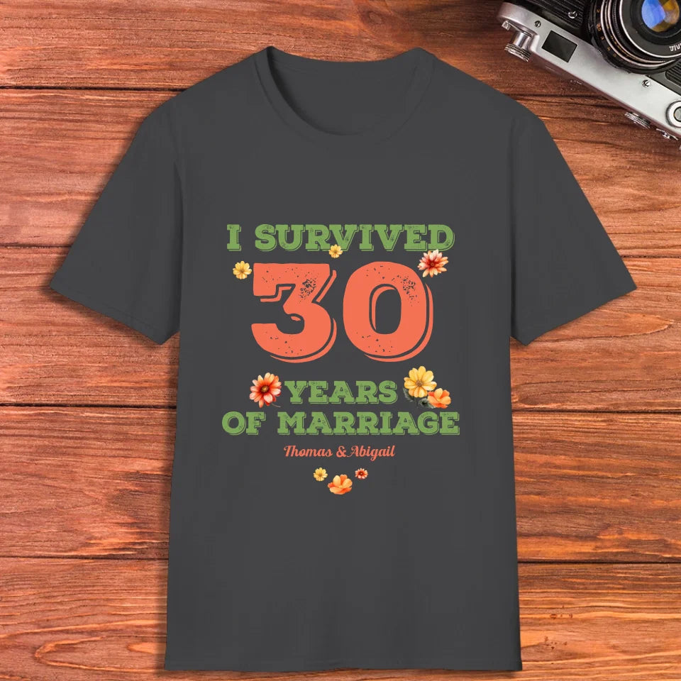 I Survived Years Of Marriage Retro Flowers - Personalized Gifts For Couples - Unisex T-Shirt