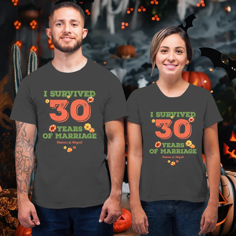 I Survived Years Of Marriage Retro Flowers - Personalized Gifts For Couples - Unisex T-Shirt