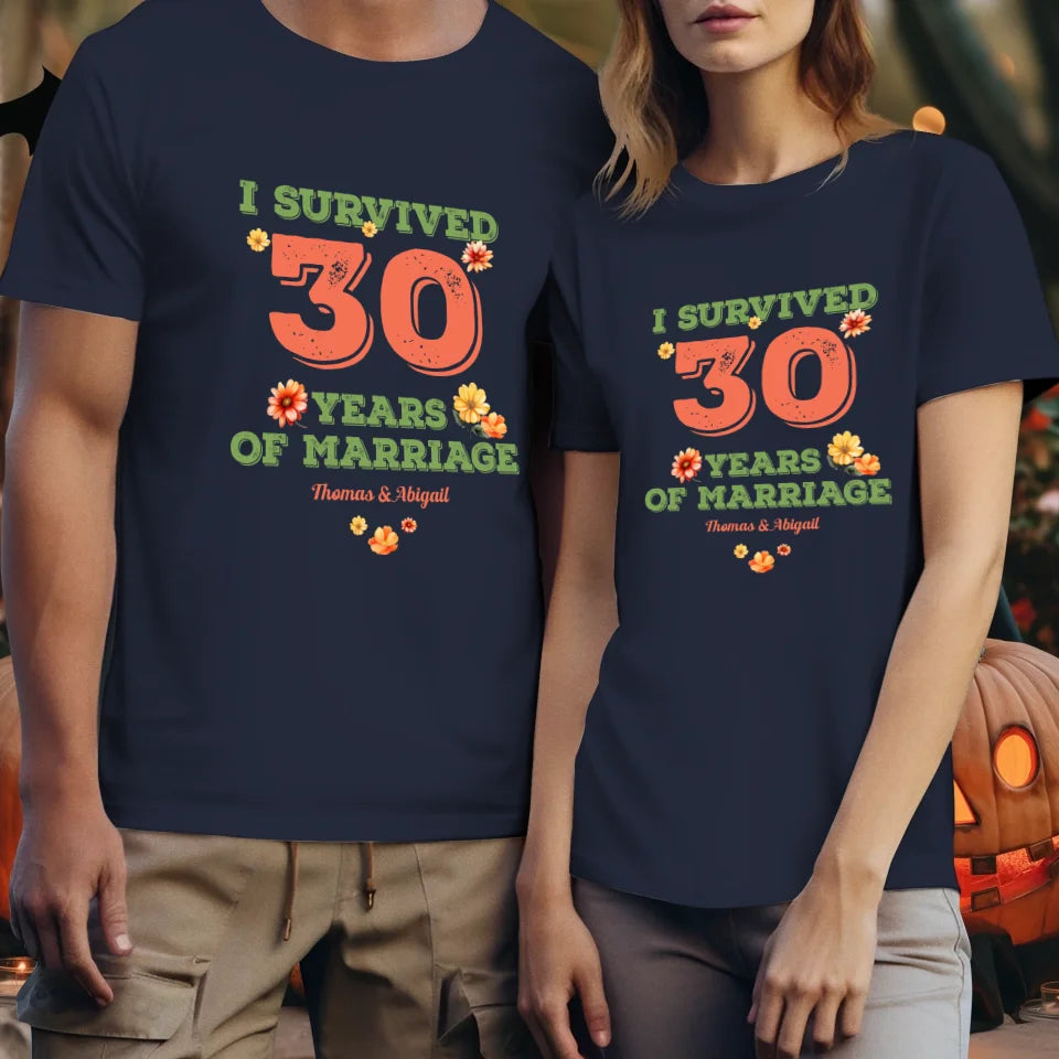 I Survived Years Of Marriage Retro Flowers - Personalized Gifts For Couples - Unisex T-Shirt