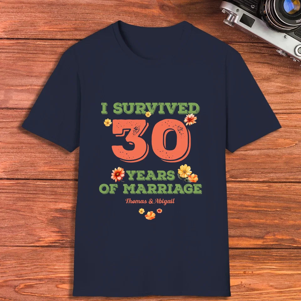 I Survived Years Of Marriage Retro Flowers - Personalized Gifts For Couples - Unisex T-Shirt