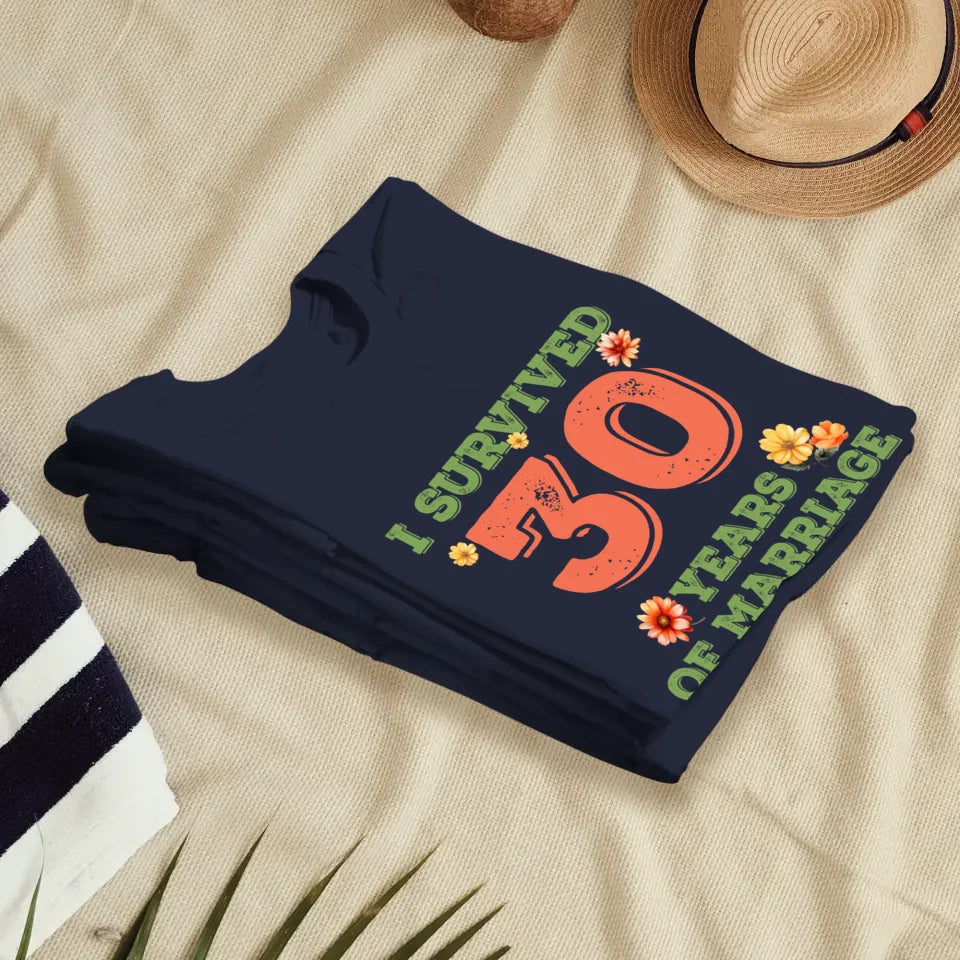 I Survived Years Of Marriage Retro Flowers - Personalized Gifts For Couples - Unisex T-Shirt