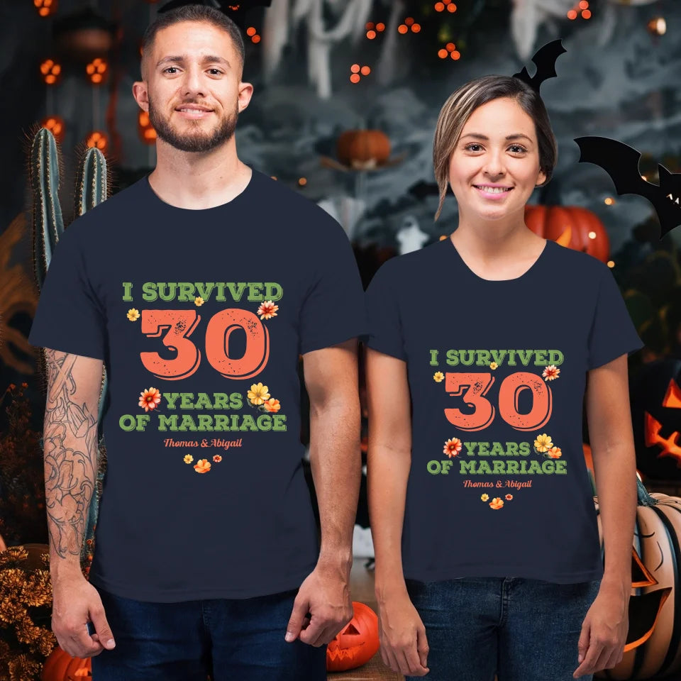 I Survived Years Of Marriage Retro Flowers - Personalized Gifts For Couples - Unisex T-Shirt