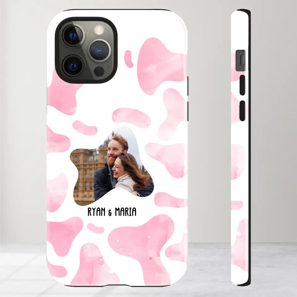 Valentine With Cow Dot Background Couple - 
Personalized Gifts For Couples - Tough Phone Case