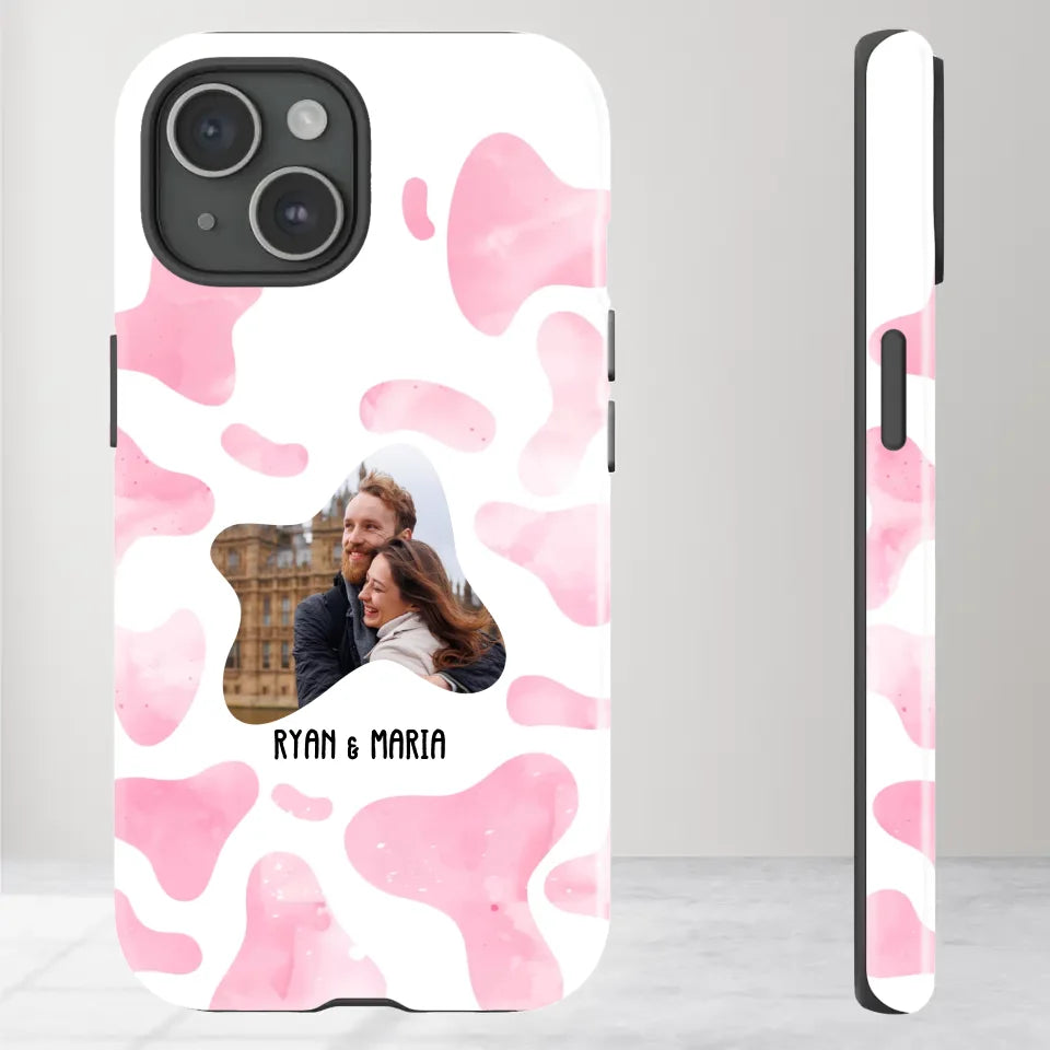 Valentine With Cow Dot Background Couple - 
Personalized Gifts For Couples - Tough Phone Case