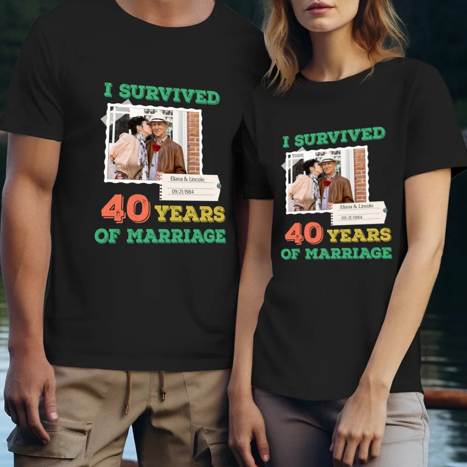 I Survived Years Of Marriage For Couple - Personalized Gifts For Couples - Unisex T-Shirt