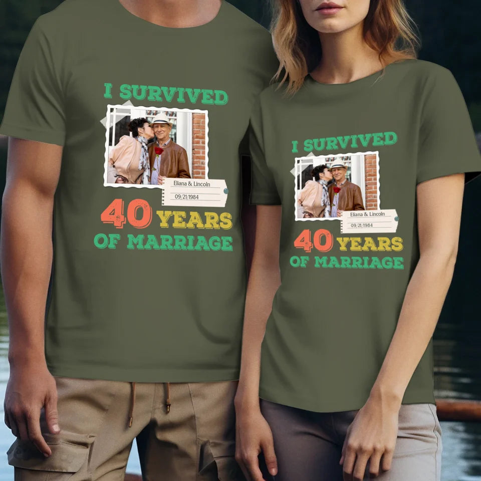 I Survived Years Of Marriage For Couple - Personalized Gifts For Couples - Unisex T-Shirt