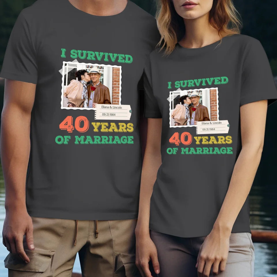 I Survived Years Of Marriage For Couple - Personalized Gifts For Couples - Unisex T-Shirt