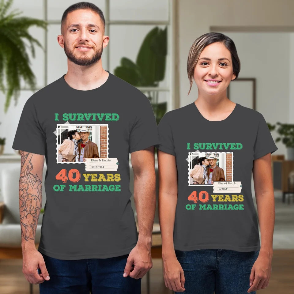 I Survived Years Of Marriage For Couple - Personalized Gifts For Couples - Unisex T-Shirt