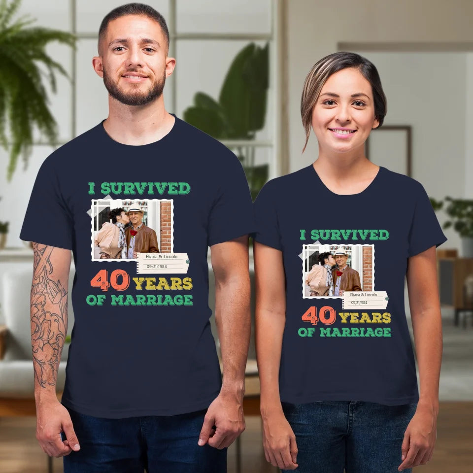 I Survived Years Of Marriage For Couple - Personalized Gifts For Couples - Unisex T-Shirt