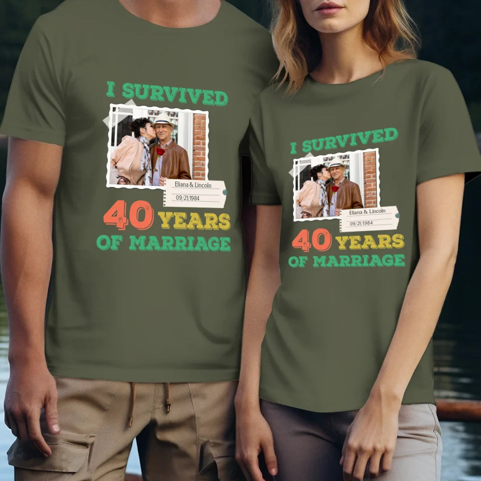 I Survived Years Of Marriage For Couple - Personalized Gifts For Couples - Unisex T-Shirt