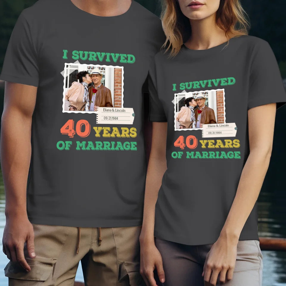 I Survived Years Of Marriage For Couple - Personalized Gifts For Couples - Unisex T-Shirt