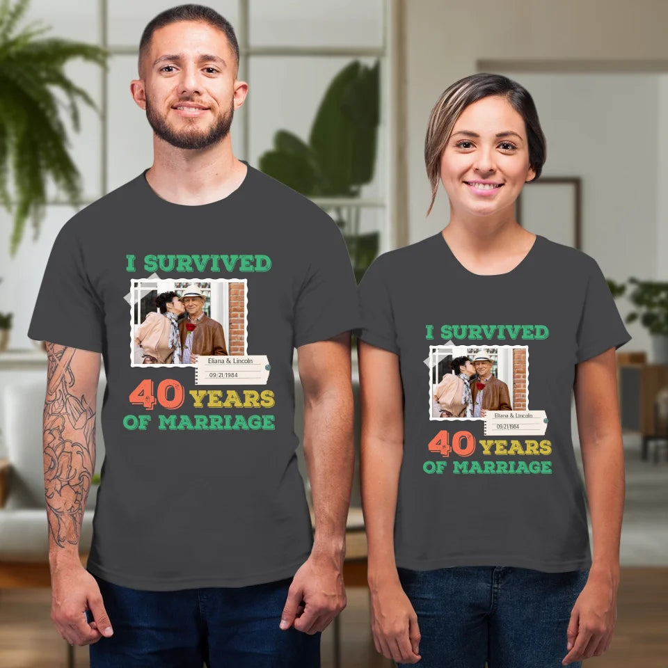 I Survived Years Of Marriage For Couple - Personalized Gifts For Couples - Unisex T-Shirt