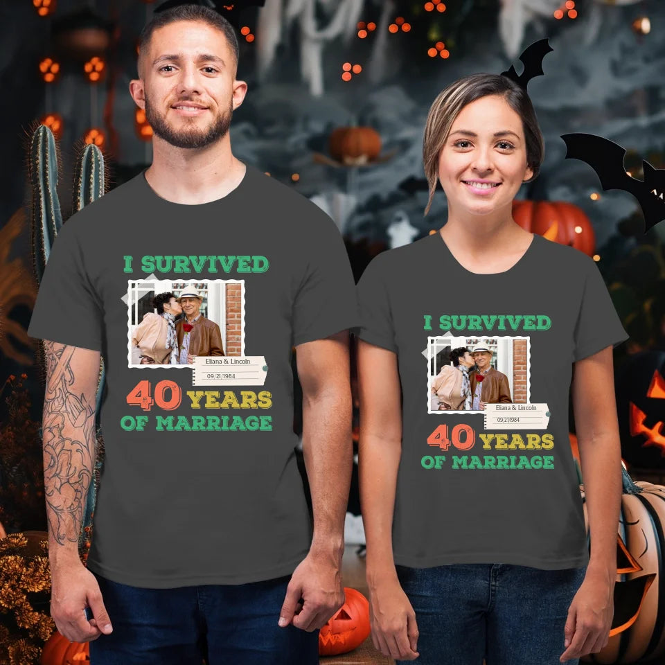 I Survived Years Of Marriage For Couple - Personalized Gifts For Couples - Unisex T-Shirt