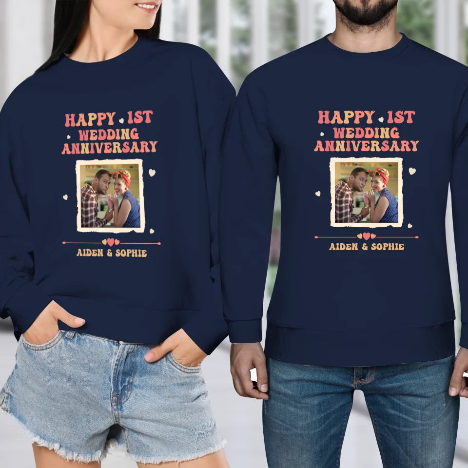 Happy 1st Wedding Anniversary, Retro Style - Personalized Gifts For Couples - Unisex Sweater