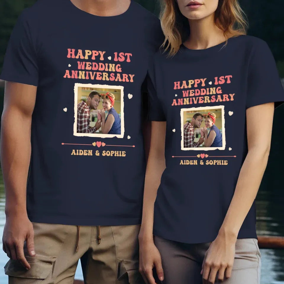 Happy 1st Wedding Anniversary, Retro Style - Personalized Gifts For Couples - Unisex T-Shirt