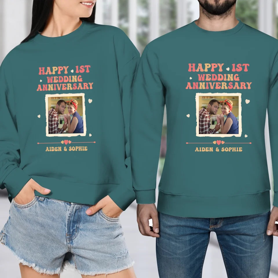 Happy 1st Wedding Anniversary, Retro Style - Personalized Gifts For Couples - Unisex Sweater