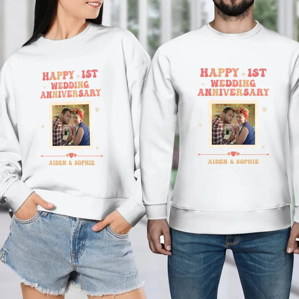 Happy 1st Wedding Anniversary, Retro Vibe - Personalized Gifts For Couples - Unisex Sweater