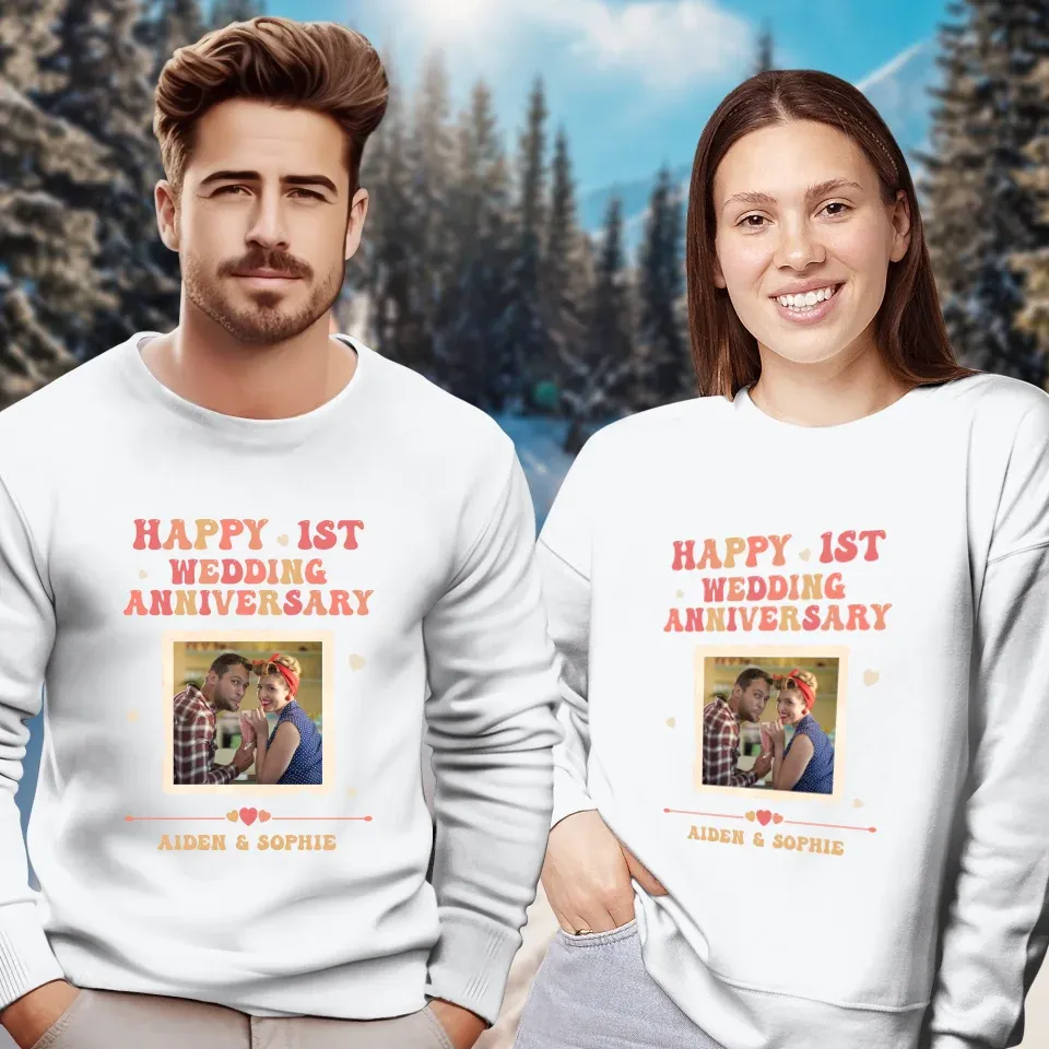 Happy 1st Wedding Anniversary, Retro Vibe - Personalized Gifts For Couples - Unisex Sweater