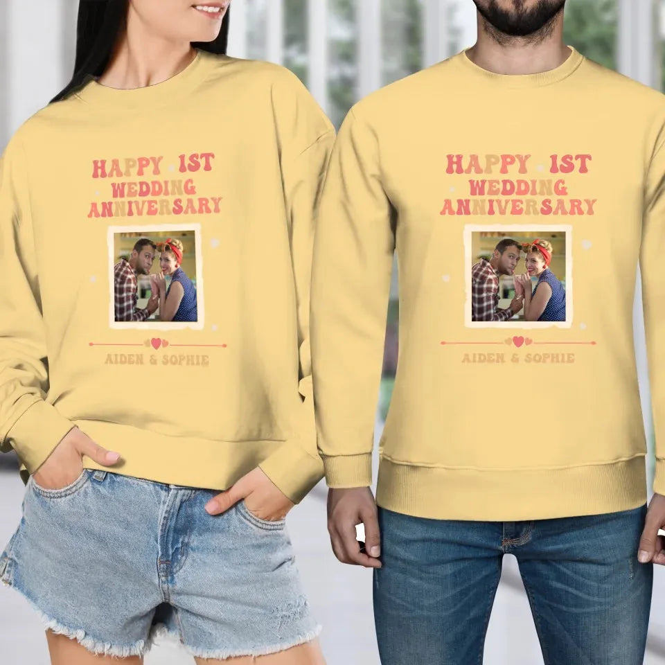 Happy 1st Wedding Anniversary, Retro Vibe - Personalized Gifts For Couples - Unisex Sweater