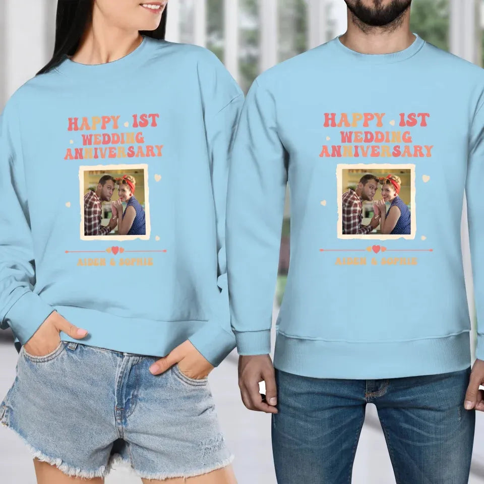 Happy 1st Wedding Anniversary, Retro Vibe - Personalized Gifts For Couples - Unisex Sweater