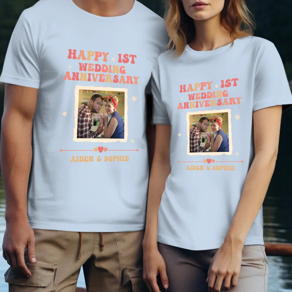 Happy 1st Wedding Anniversary, Retro Vibe - Personalized Gifts For Couples - Unisex T-Shirt