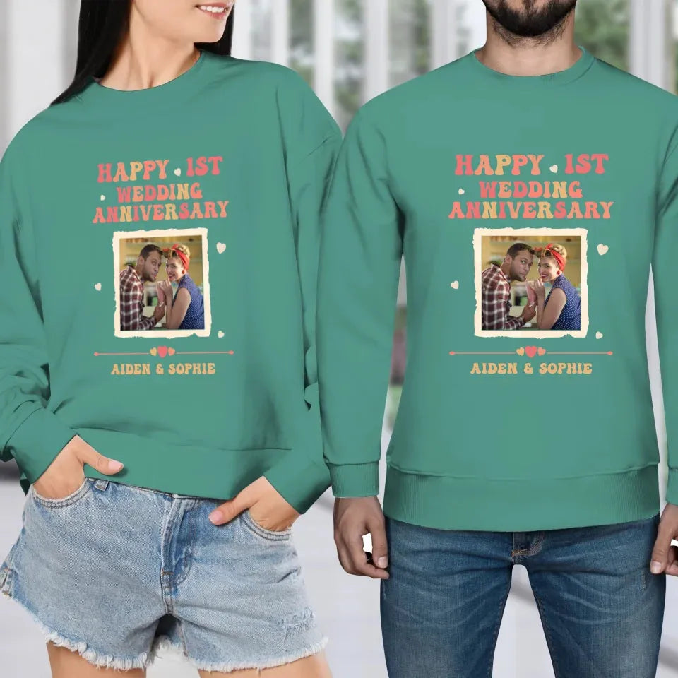 Happy 1st Wedding Anniversary, Retro Vibe - Personalized Gifts For Couples - Unisex Sweater