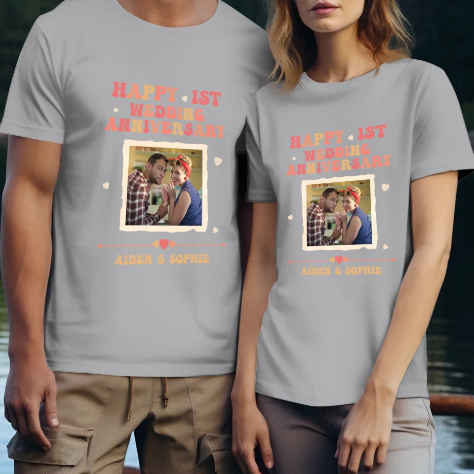 Happy 1st Wedding Anniversary, Retro Vibe - Personalized Gifts For Couples - Unisex T-Shirt