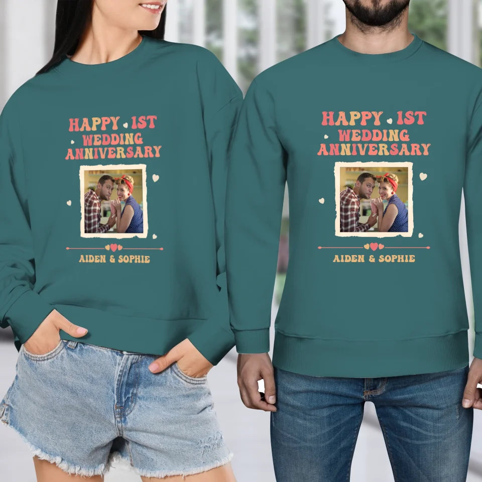 Happy 1st Wedding Anniversary, Retro Style - Personalized Gifts For Couples - Unisex Sweater