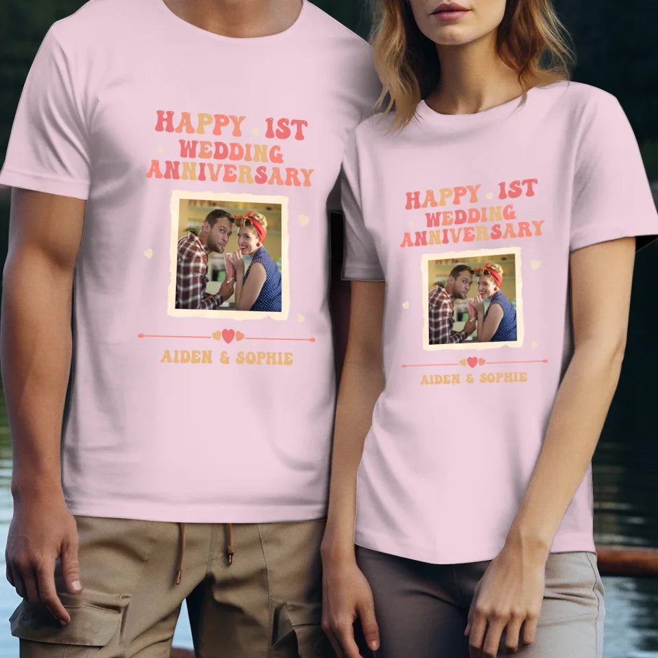 Happy 1st Wedding Anniversary, Retro Vibe - Personalized Gifts For Couples - Unisex T-Shirt