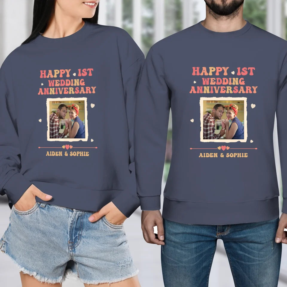 Happy 1st Wedding Anniversary, Retro Style - Personalized Gifts For Couples - Unisex Sweater