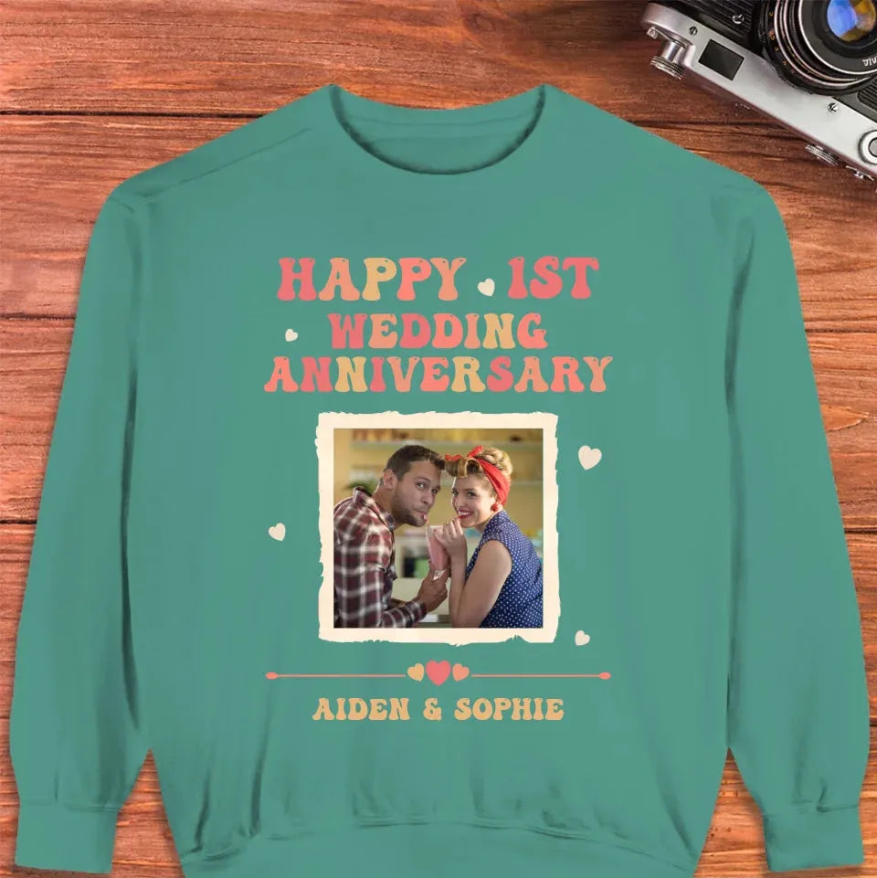 Happy 1st Wedding Anniversary, Retro Vibe - Personalized Gifts For Couples - Unisex Sweater