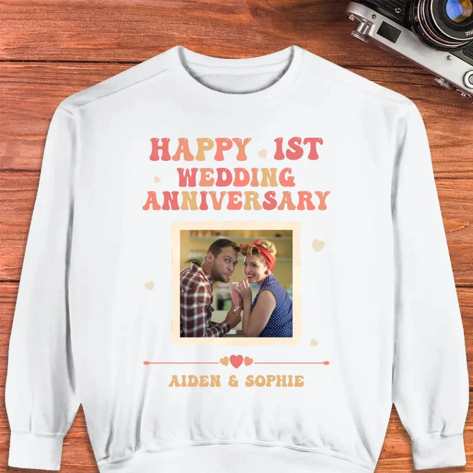 Happy 1st Wedding Anniversary, Retro Vibe - Personalized Gifts For Couples - Unisex Sweater