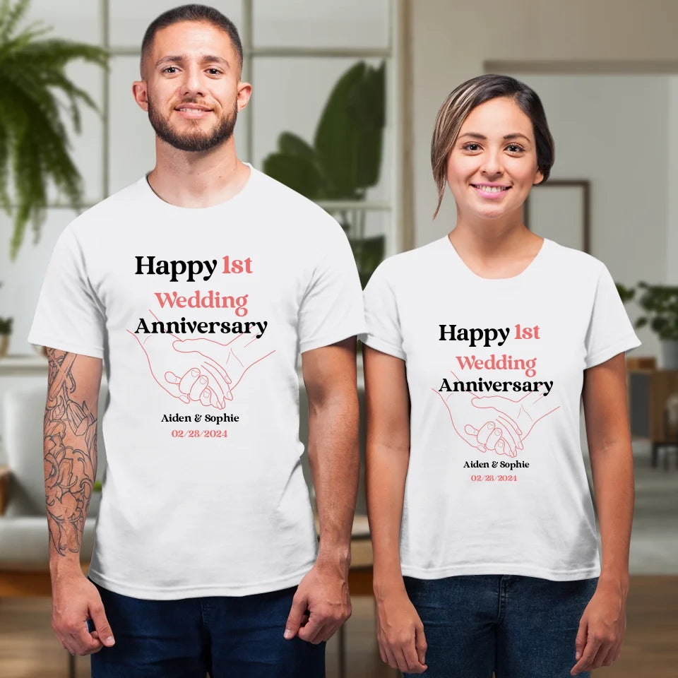 Happy 1st Wedding Anniversary, Drawing Line - Personalized Gifts For Couples - Unisex T-Shirt