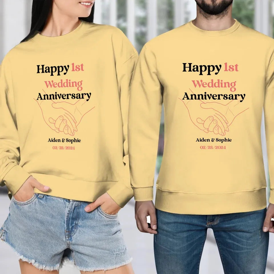 Happy 1st Wedding Anniversary, Drawing Line - Personalized Gifts For Couples - Unisex Sweater