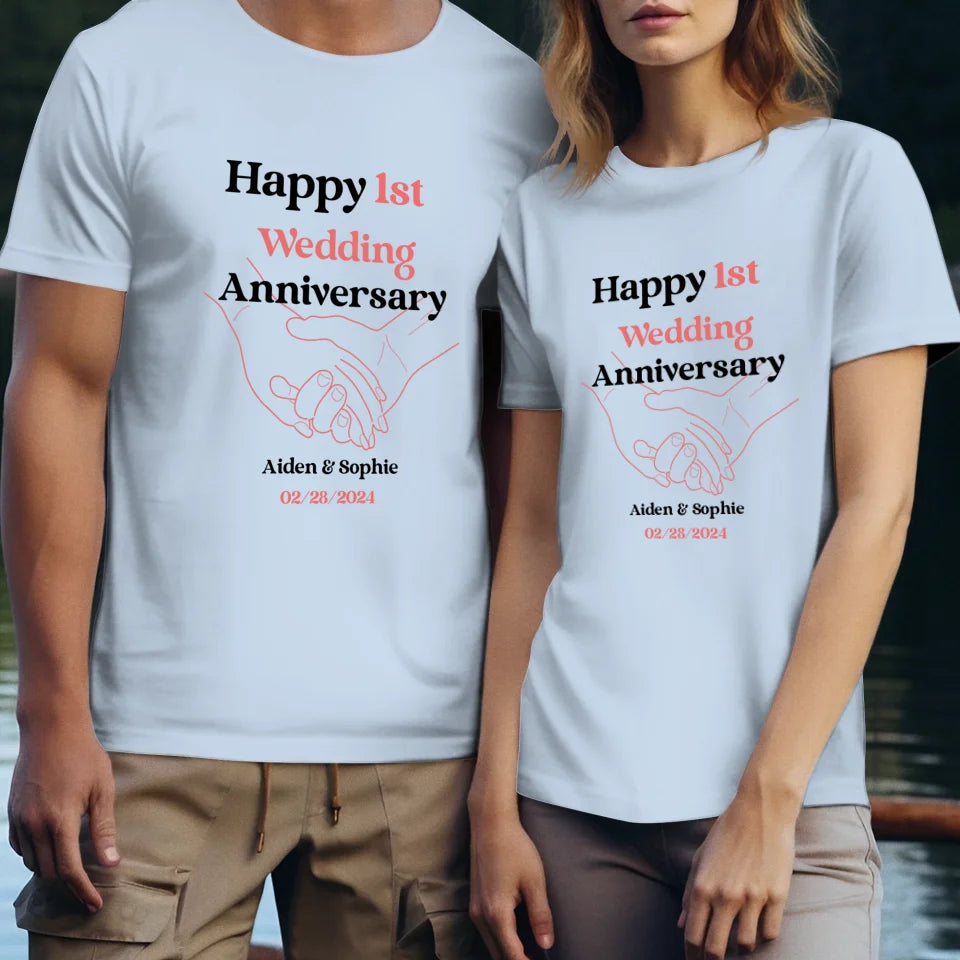 Happy 1st Wedding Anniversary, Drawing Line - Personalized Gifts For Couples - Unisex T-Shirt