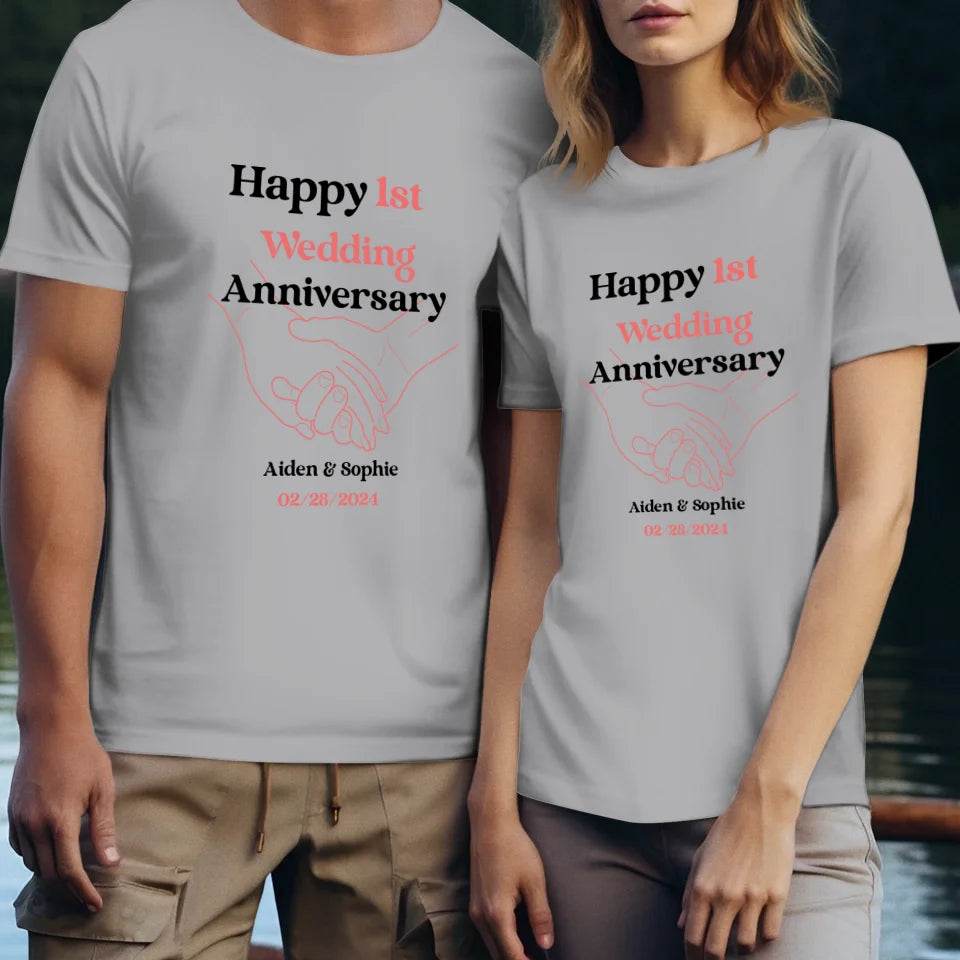 Happy 1st Wedding Anniversary, Drawing Line - Personalized Gifts For Couples - Unisex T-Shirt