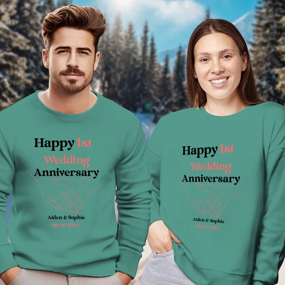 Happy 1st Wedding Anniversary, Drawing Line - Personalized Gifts For Couples - Unisex Sweater