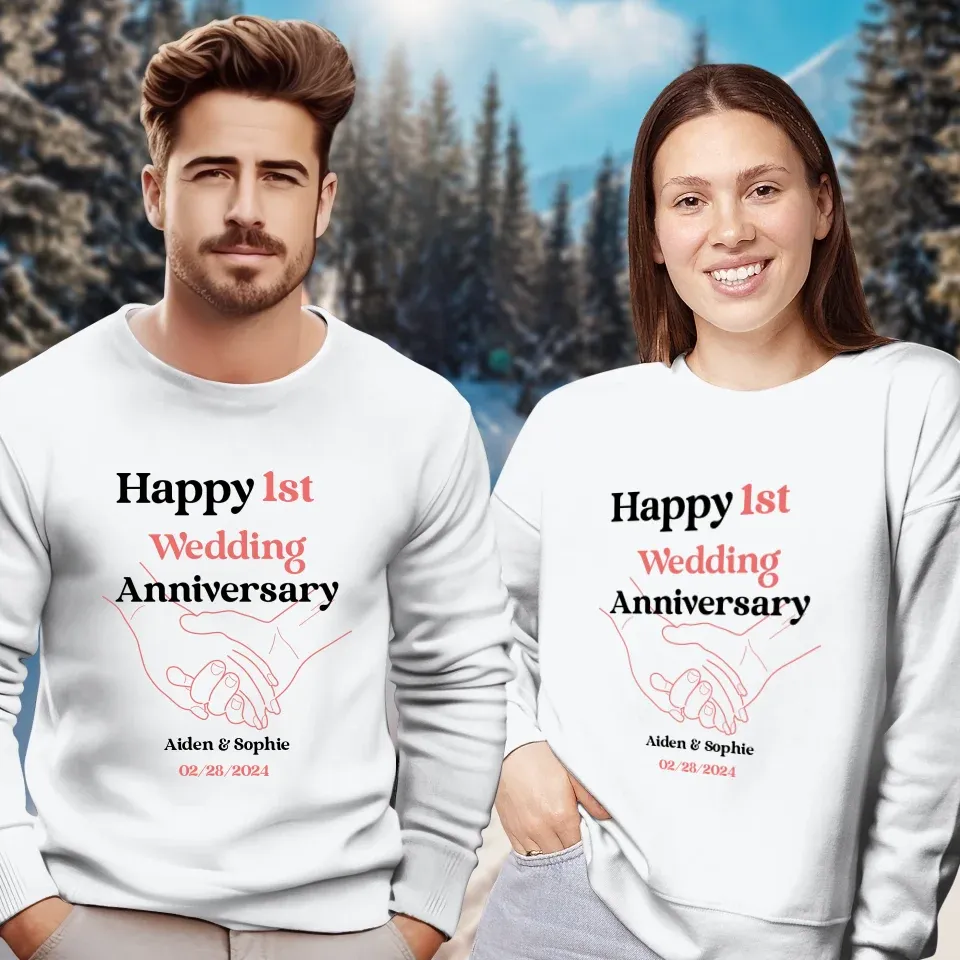 Happy 1st Wedding Anniversary, Drawing Line - Personalized Gifts For Couples - Unisex Sweater