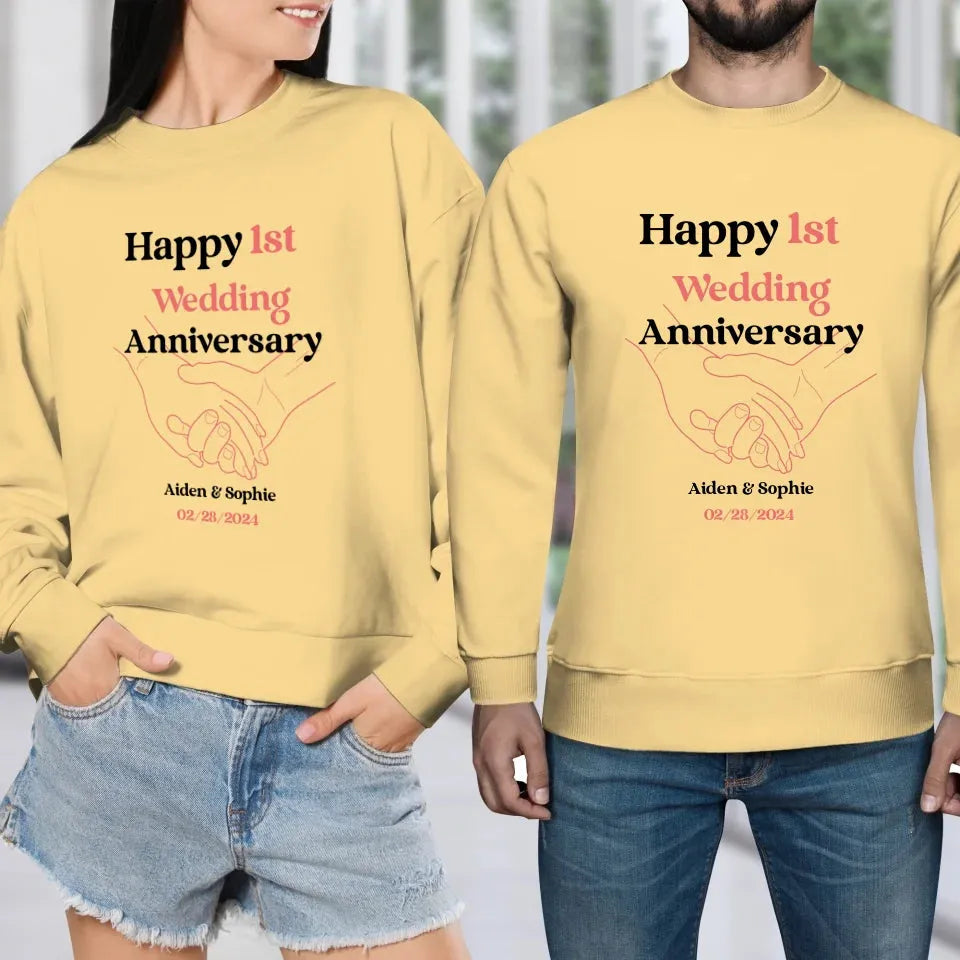 Happy 1st Wedding Anniversary, Drawing Line - Personalized Gifts For Couples - Unisex Sweater