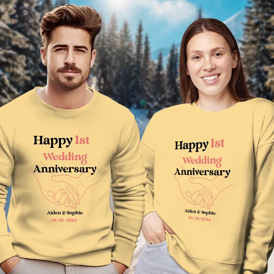 Happy 1st Wedding Anniversary, Drawing Line - Personalized Gifts For Couples - Unisex Sweater