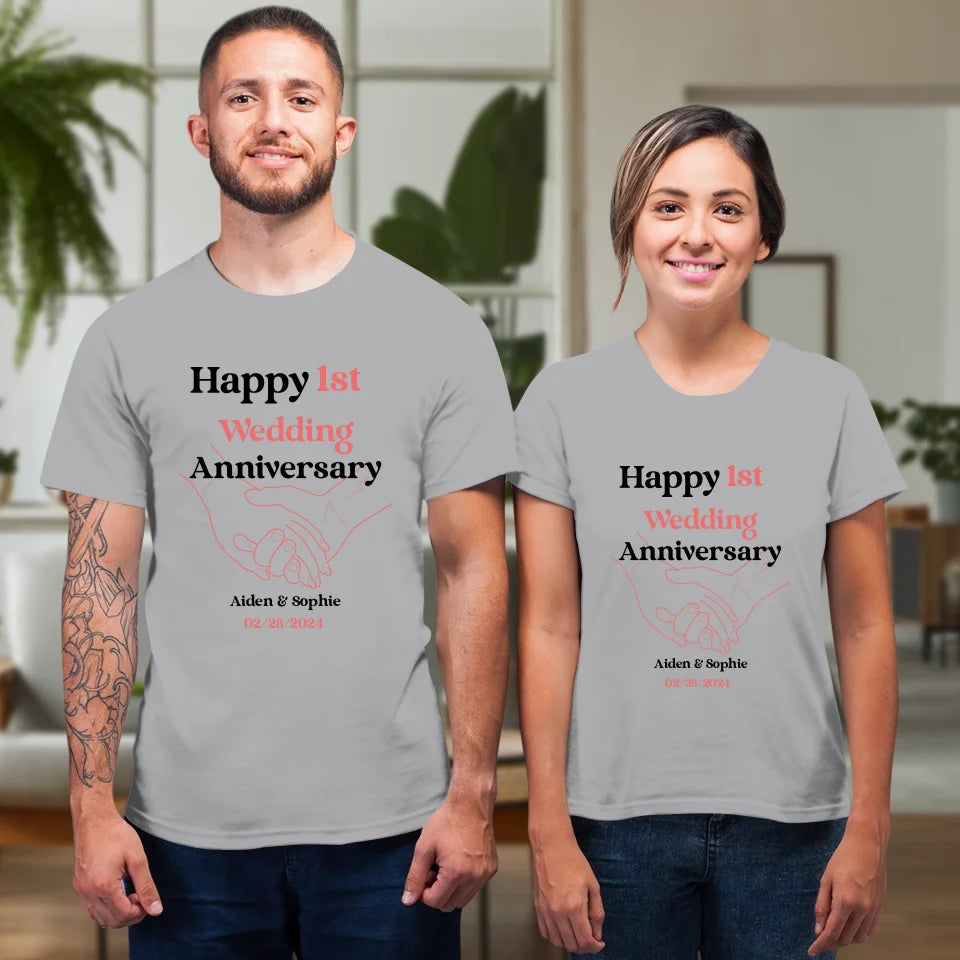 Happy 1st Wedding Anniversary, Drawing Line - Personalized Gifts For Couples - Unisex T-Shirt