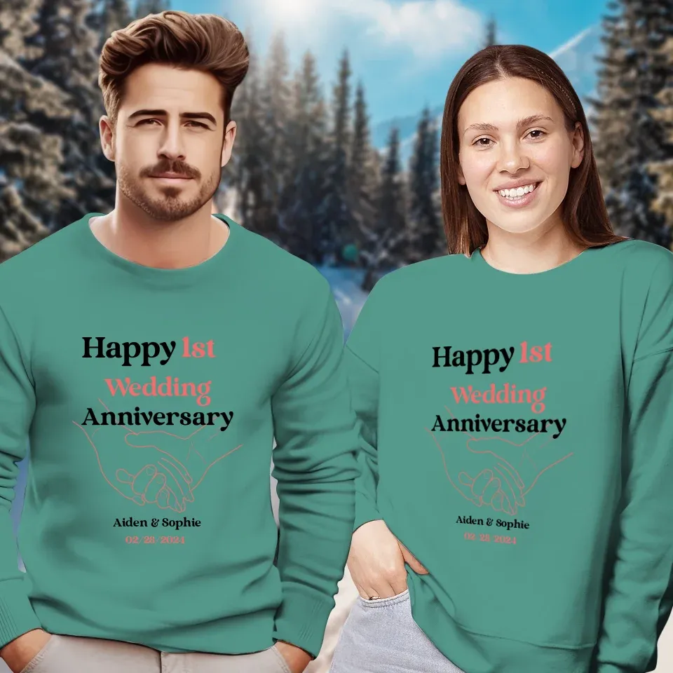 Happy 1st Wedding Anniversary, Drawing Line - Personalized Gifts For Couples - Unisex Sweater