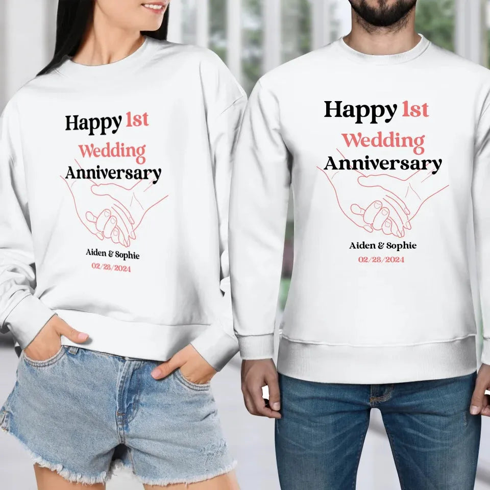 Happy 1st Wedding Anniversary, Drawing Line - Personalized Gifts For Couples - Unisex Sweater