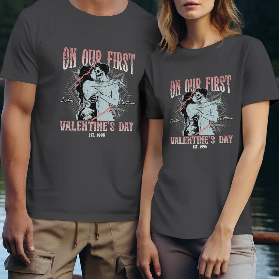 On Our First Valentine's Day Skull - Personalized Gifts For Couples - Unisex T-Shirt