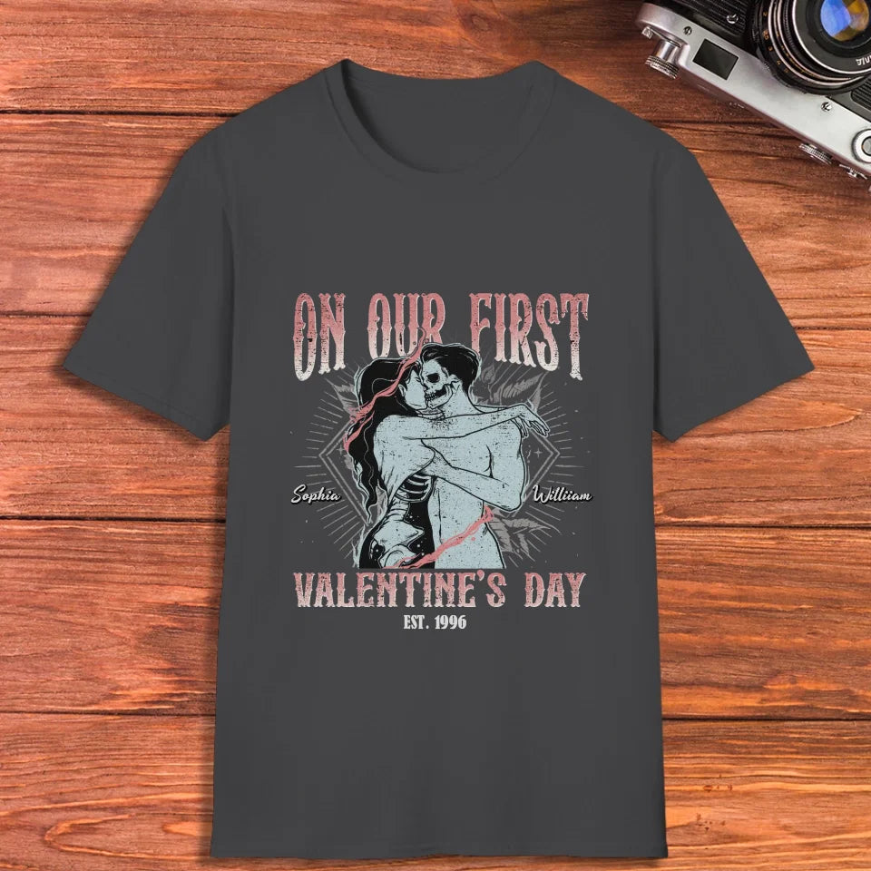 On Our First Valentine's Day Skull - Personalized Gifts For Couples - Unisex T-Shirt