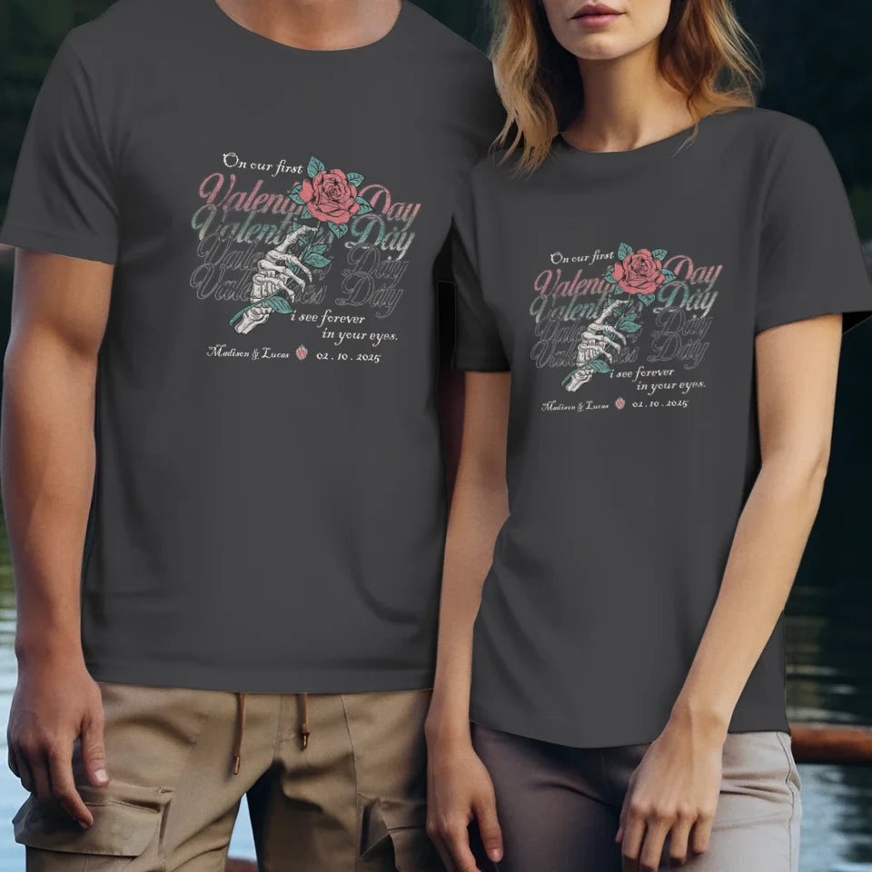 On Our First Valentine's Day Skull And Rose - Personalized Gifts For Couples - Unisex T-Shirt