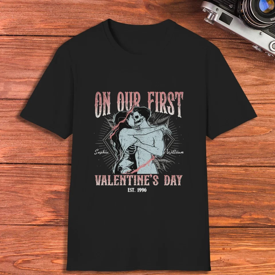 On Our First Valentine's Day Skull - Personalized Gifts For Couples - Unisex T-Shirt